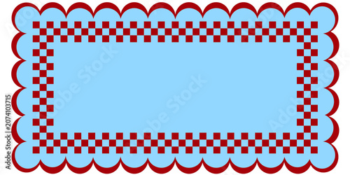 Retro Scalloped Checkerboard Aesthetic Frame. Red Gingham Scalloped Border Social Media Template. Checkered Picnic Style Decorative Banner Box