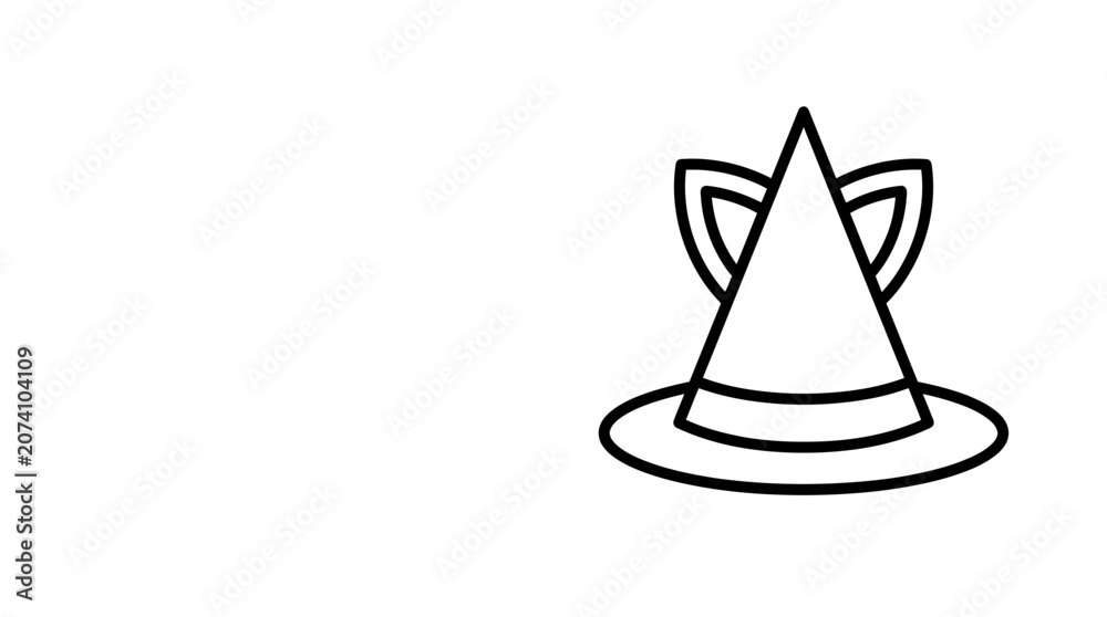 Fototapeta premium A simple black and white line drawing of a witch hat with cat ears.