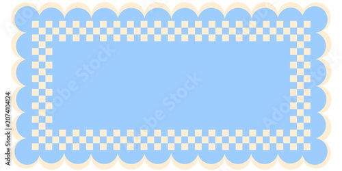 Aesthetic Blue Scalloped Border Frame with Checkered Pattern. Blue Gingham Decorative Text Box Template. Cute Scalloped Edge Banner with Blank Copy Space
