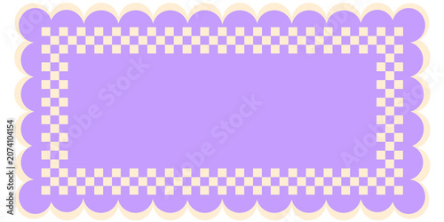 Aesthetic Lavender Scalloped Frame with Checkerboard Border. Pastel Lavender Message Box. Retro Gingham Banner Template. 
