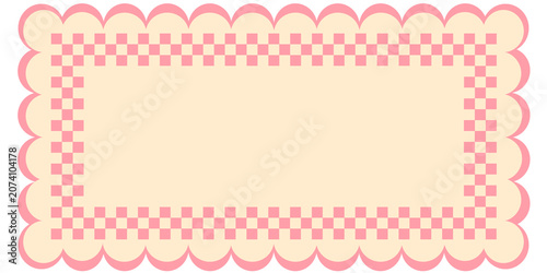 Pastel Pink Scalloped Checkerboard Fram. Retro Aesthetic Checkered Banner Template. Cute Pink Gingham Decorative Border. 