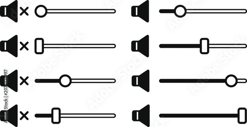 Konstfotografi Set of black volume slider icons and mute speaker symbols for user interface des