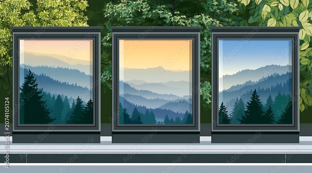 Fototapeta premium Three billboards displaying scenic mountain landscapes with trees and sky.