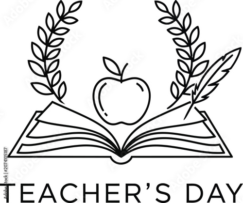 Teacher's day illustration apple book and laurel wreath line art for educators