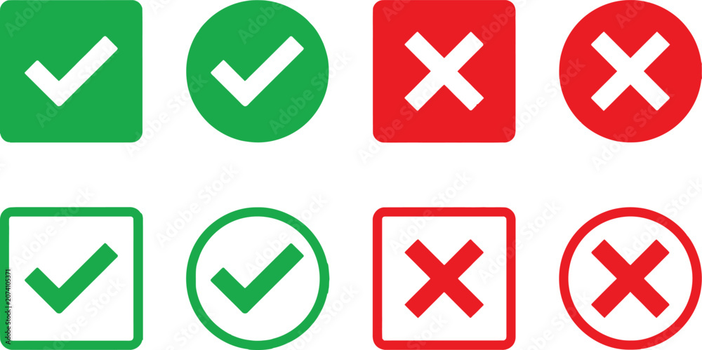 © Mst - Set of green check marks and red cross marks in circle and square shapes