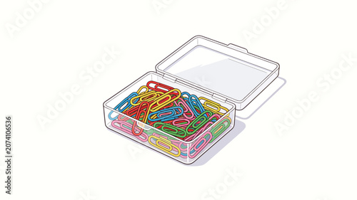 Transparent plastic box filled with multicolored paperclips in red, yellow, blue, green, pink and orange, isolated on white background, organized office supplies, clean vector illustration style