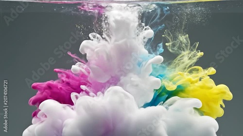 Colorful ink clouds swirl in water against a gray background