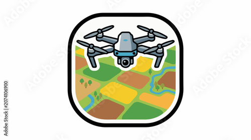 A gray drone hovers over a patchwork landscape with fields, trees, and a winding river