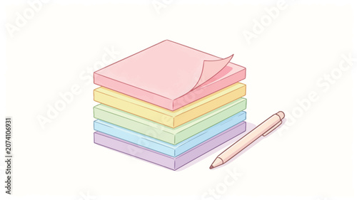 A stack of colorful pastel sticky notes with pink top sheet curled up, accompanied by a wooden pencil on white background, minimalist illustration style