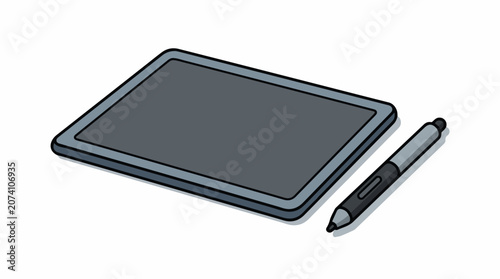 A gray graphic tablet with a stylus