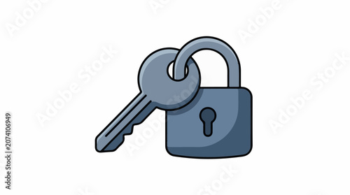 A gray key inserted into a padlock on a white background