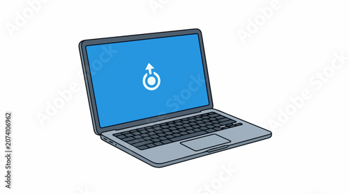A gray laptop with a blue screen and a white power button icon