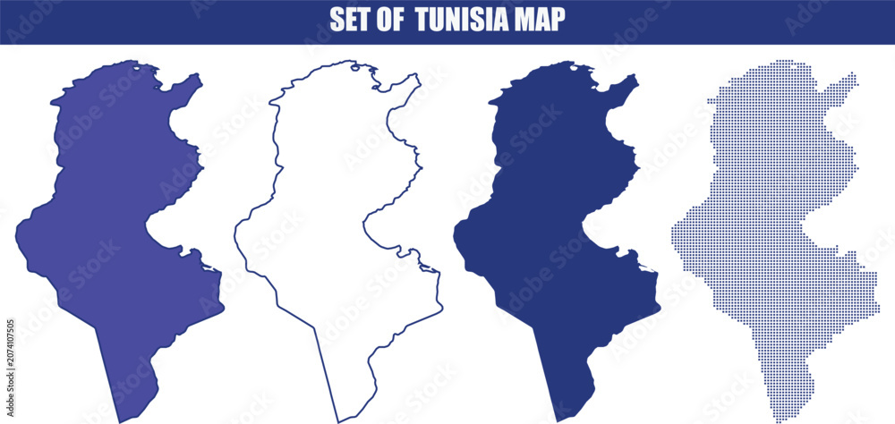 Fototapeta premium Tunisia map set in multiple vector graphic styles with geography