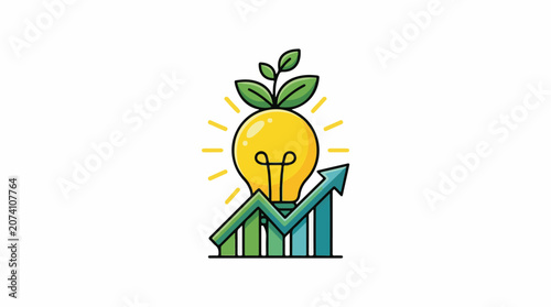 A lightbulb with green leaves growing out of it, on top of a rising graph