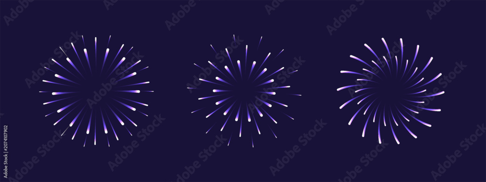 Fototapeta premium Firework celebrate isolated on purple background, new year 2027 sparkle fire. Happy icon celebration and 3d geometric work with pattern new display. Bright firework purple and confetti.