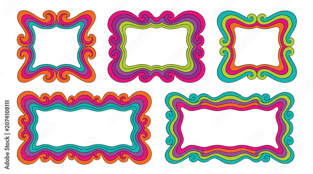 Fototapeta premium Set of colorful ornate wavy decorative frames on white