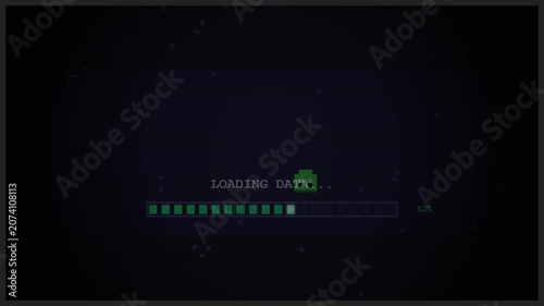 Pixelated Green Character Loading Data Progress Bar on Dark Screen
