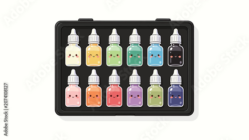 Adorable Kawaii Style Dropper Bottles in a Black Organizer Tray with Pastel Colors and Cute Faces
