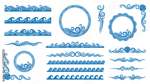 Blue ocean wave borders and circular decorative frames set