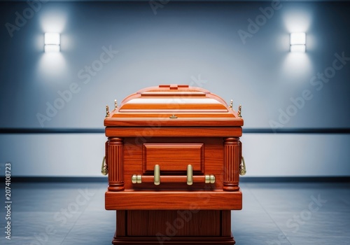Somber, elegant wooden funeral casket displayed respectfully in a quiet, formal setting, emphasizing final departure and memorial, handcrafted, grief, death