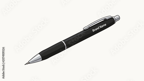 Sleek Black Ballpoint Pen with Silver Accents and 'Brand Name' Text on White Background, Minimalist Design, Professional Stationery Illustration