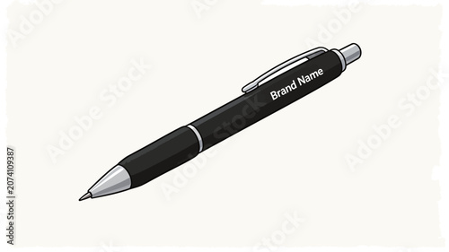 Vector illustration of a modern black ballpoint pen with silver clip and tip, featuring 'Brand Name' text placeholder, minimalist design style