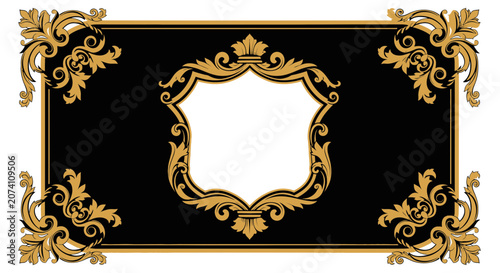 Ornate royal crest with baroque flourish and black background, vintage heraldry