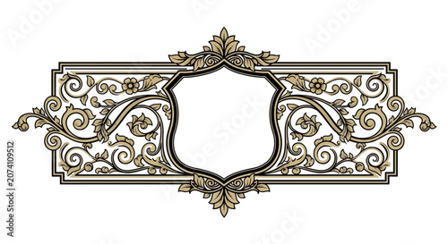 Ornate Vintage Crest with Floral Swirls and Blank Shield