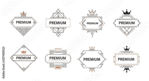 Premium Badges Set: Art Deco Geometric Frames with Crowns, Vector Graphics