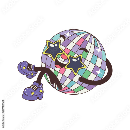 Cute chilling disco ball vector mascot in flat comic style with star glasses and soda drink can for energetic retro 70s nightlife music party concept isolated on white.