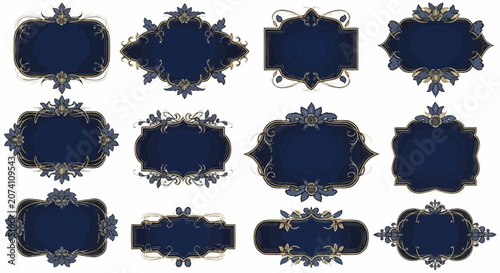 Set of Decorative Ornate Labels, Frames, and Badges. Blue & Gold.