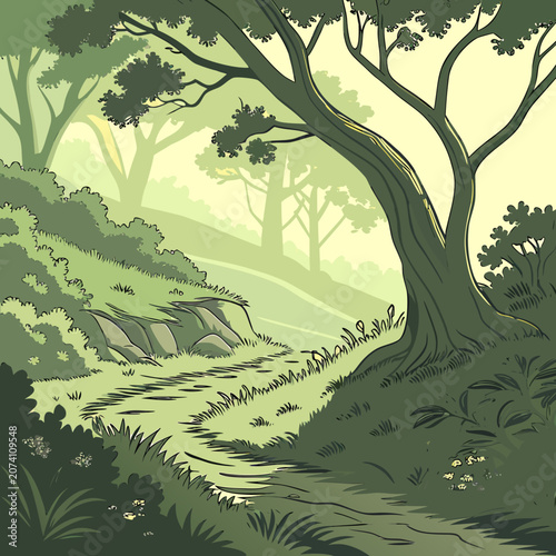 Tableau sur toile Large tree in a lush green forest with sunlight rays sunlight branches environme