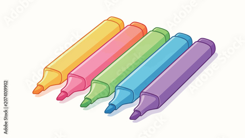 Vibrant Rainbow Colored Highlighters Arranged Diagonally with Soft Shadows on White Background, Illustrating Creative Art Supplies and Colorful Stationery for Design or Writing