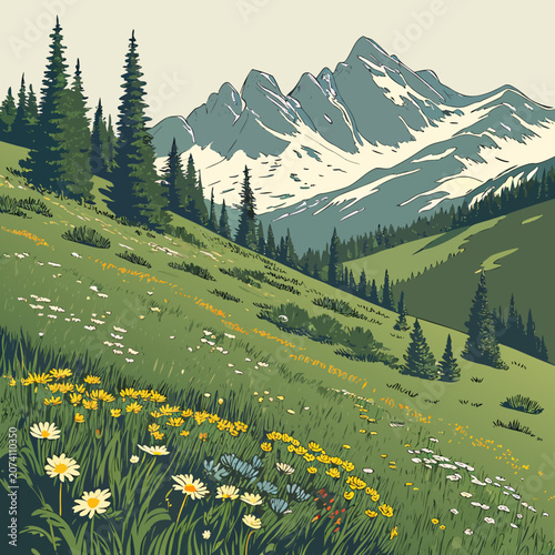 Mountain landscape with snow-capped peaks and a meadow of flowers mountain landscape