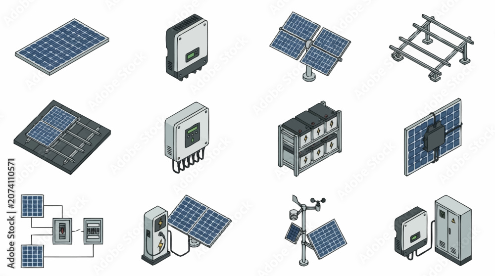 Fototapeta premium Solar energy technology and renewable power systems icons.