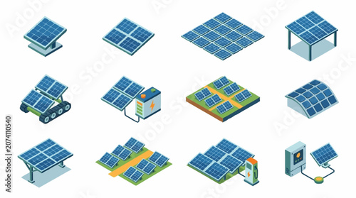 Photos Isometric Solar Panel Array Collection in Flat Design Style.