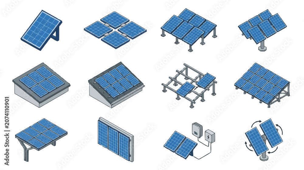 Fototapeta premium Collection of blue solar panels in various isometric views.