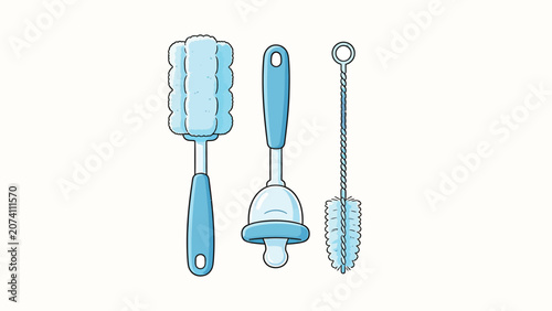A clean, minimalist set of blue baby bottle cleaning tools featuring a soapy brush, bottle nipple brush, and flexible pipe cleaner, presented in soft pastel colors with bold outlines