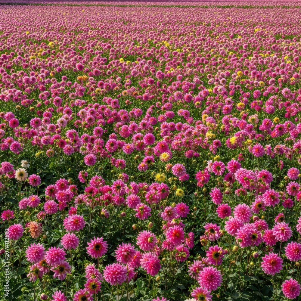 Obraz premium A sprawling, vibrant field filled with thousands of colorful dahlia flowers under bright natural light, showcasing the spectacular autumn bloom, dahlia, vast, beauty
