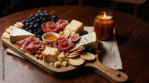 Gourmet charcuterie board with artisan cheeses, cured meats, fresh fruits, and crackers, intimate dining atmosphere