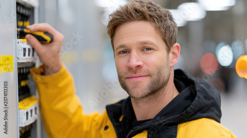 Electrician checking electrical distribution panel in yellow jacket for home maintenance brochure and service poster