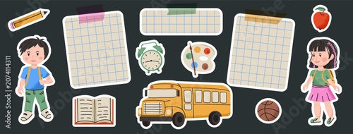 Back to school paper memo stickers set with yellow bus, pupils and stationery. Weeky planner board