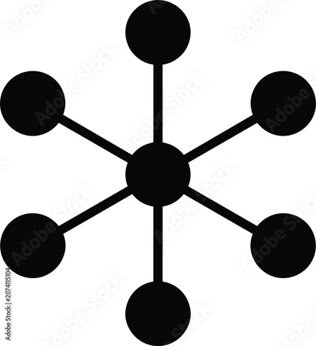 Star network topology diagram icon showing central node connected to six black circular data endpoints.eps