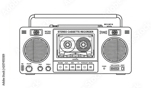 Vintage Cassette Recorder Outline Vector Illustration
