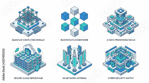Isometric Technology Concepts and Data Centers Illustration.