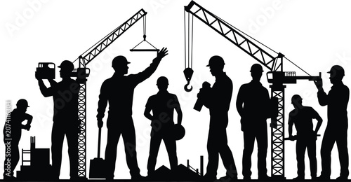 Εκτύπωση καμβά Construction workers silhouettes with cranes, teamwork, industrial labor, buildi