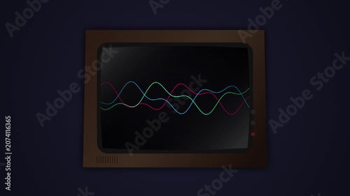 Retro television displaying animated colorful digital sine wave signals