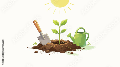 Bright Illustration of Gardening Essentials Featuring a Young Sapling Being Watered Under Sunlight with Tools Ready for Planting
