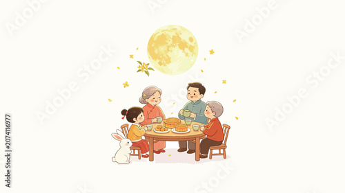 Illustration of a joyful family gathering under the full moon, sharing mooncakes and tea in a warm autumn celebration with a white rabbit watching below.