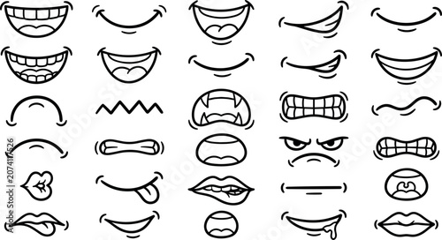 Quadro su tela Cartoon Mouth Expression Vector Set with Happy Smiles Sad Frowns Angry Grimaces